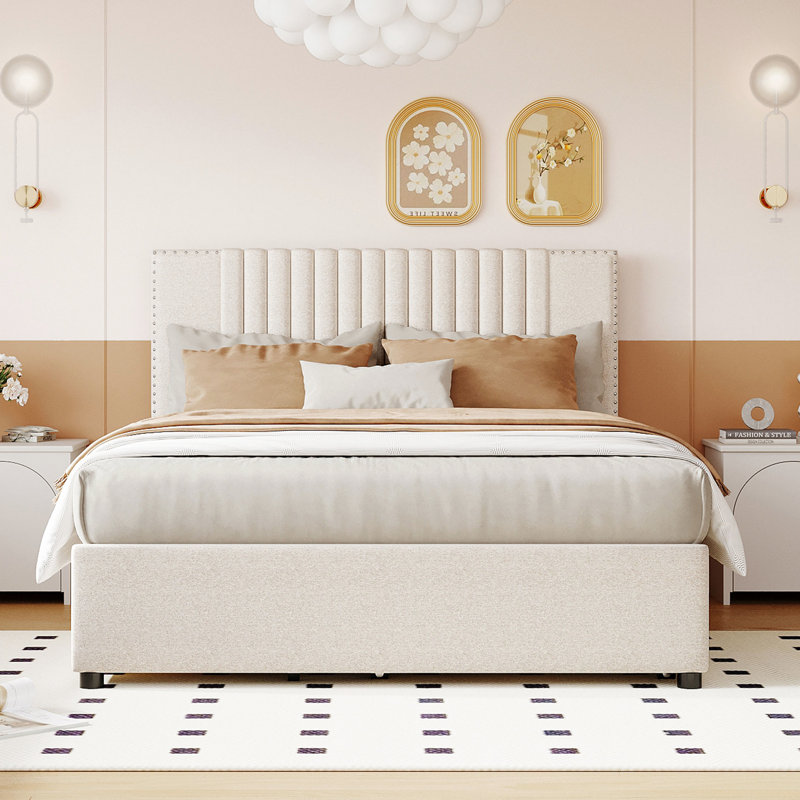 Lit plateforme tapissier beige avec 2 tiroirs et lit gigogne simple, tête de lit classique, structure en contreplaqué, espace de rangement amélioré, assemblage sans effort en beige, structure en bois massif, maximisation