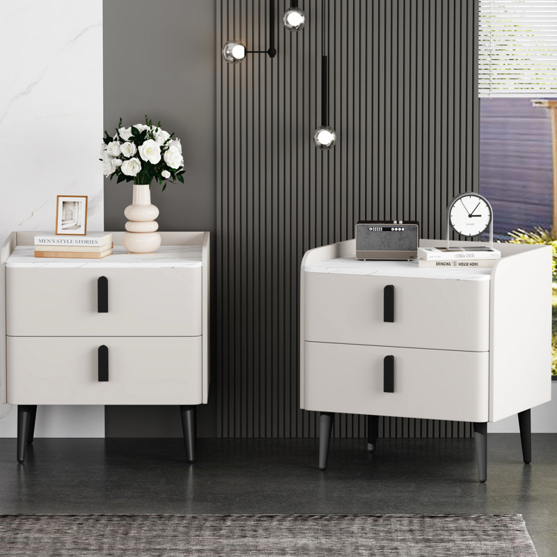 Tables de chevet blanches de 2, table de chevet avec 2 tiroirs et plateau de table en marbre, décor de chambre à coucher élégant, unité centrale, tables de chevet à pieds arrondis, grand choix, gaines à griffes