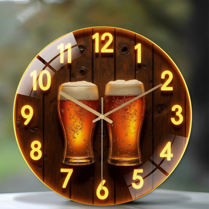 Vintage Beer Clock Wall Decor with Two Glasses Art - 12'' Modern Glass Wall Clock