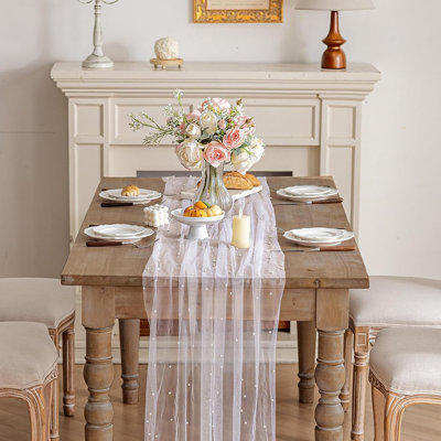 White Pearl Tulle Table Runner – White – Rustic/Boho Spring & Summer Wedding, Party, Baby Shower Table Decor