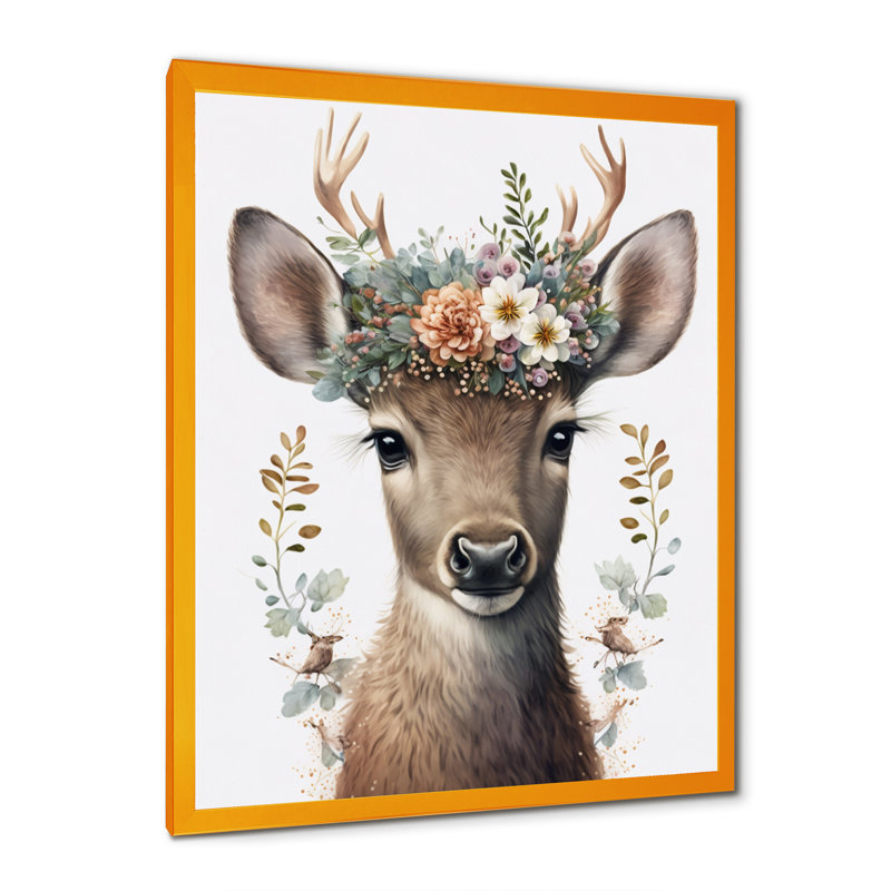 Mignon bébé caribou avec couronne florale I - art mural moderne sur toile, L 30 po x H 40 po, Toile avec cadre photo doré
