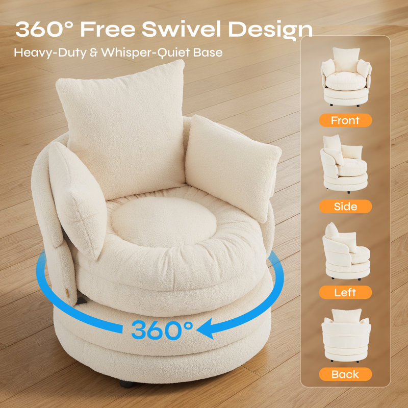 Modern 360° Swivel Accent Chair, Convertible Flip‑Back Upholstered Lounge Armchair, Plush Cushioned Reading Chair with Ottoman Function for Living Room Bedroom