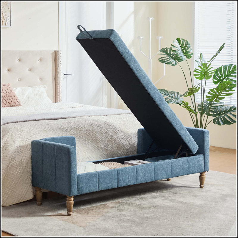 Banc de rangement en chenille 64,6 "avec design capitonné, accoudoirs et traversins, Bleu, Bleu