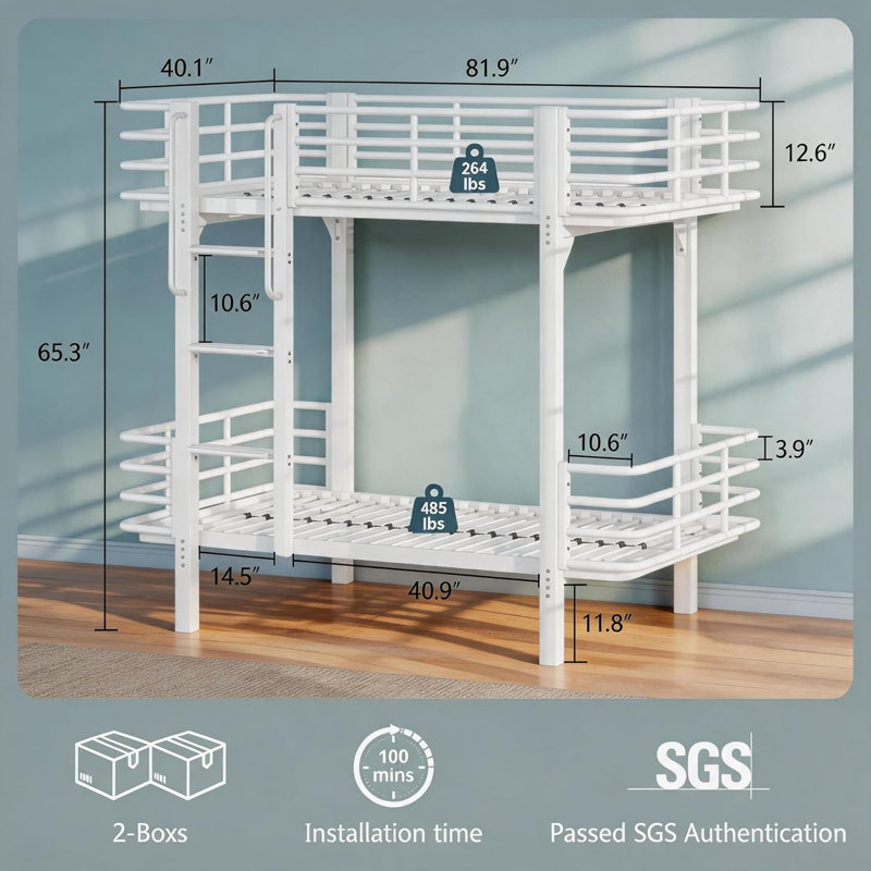 Structure de lit superposé simple au-dessus d'un lit simple en métal incurvé, lit superposé robuste avec garde-corps de sécurité, échelle robuste avec de larges marches, mobilier de chambre peu encombrant, blanc