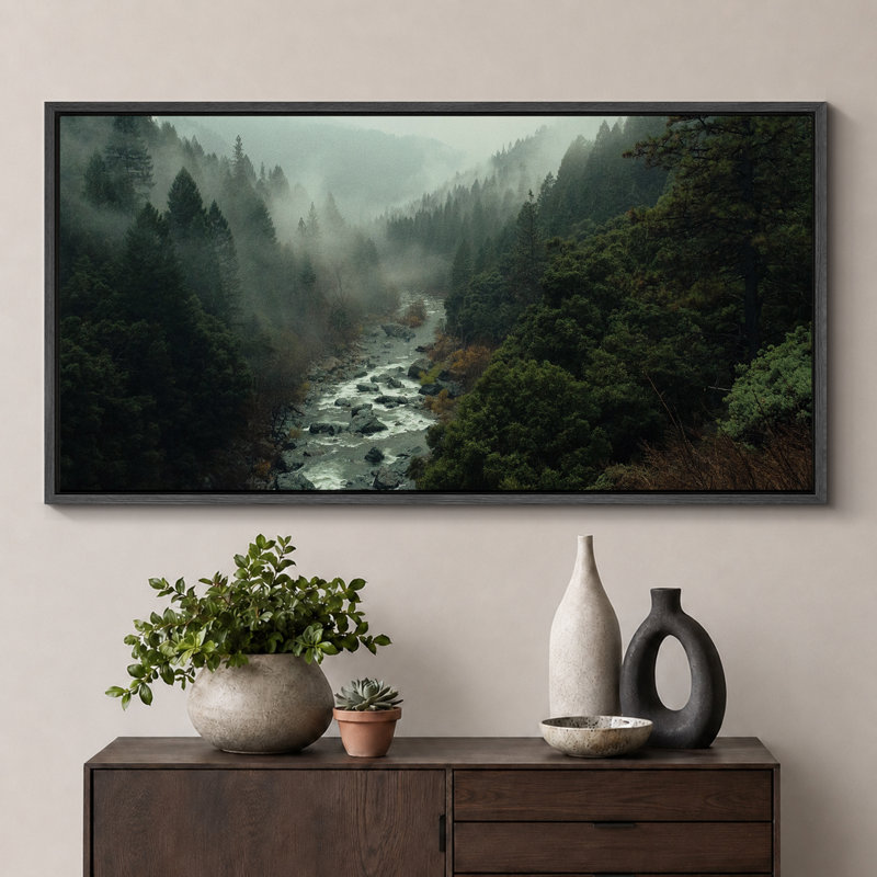 Mystical Misty Forest River Modern Art Extra Large Artwork Print Wall Art, 30" H x 60" W, Black