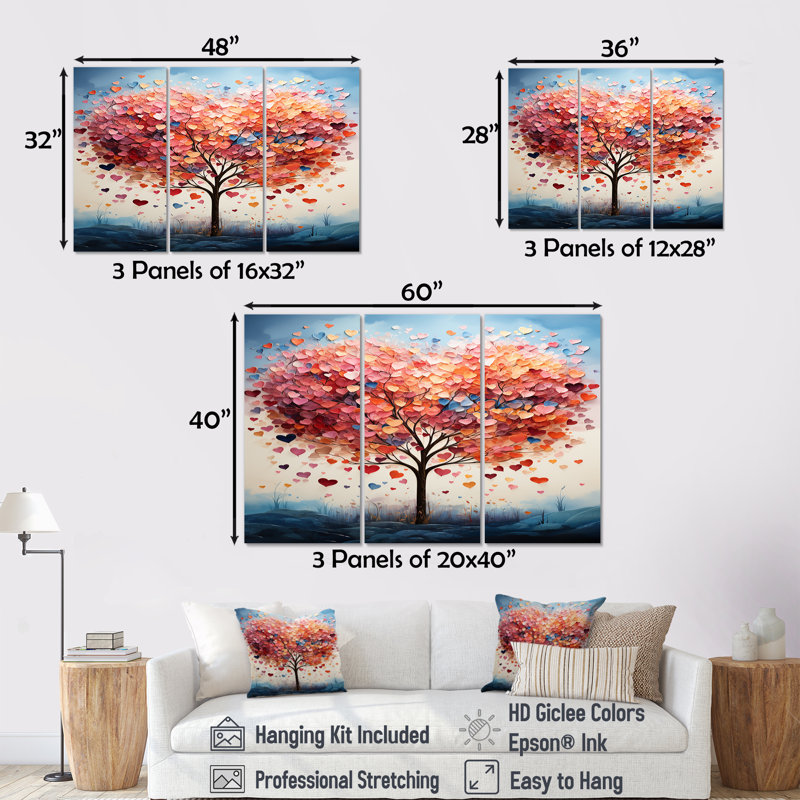 «Blossoming Pink Heart Tree», ensemble de décorations murales, Toile tendue, H 32 po x l 48 po x P 1 po