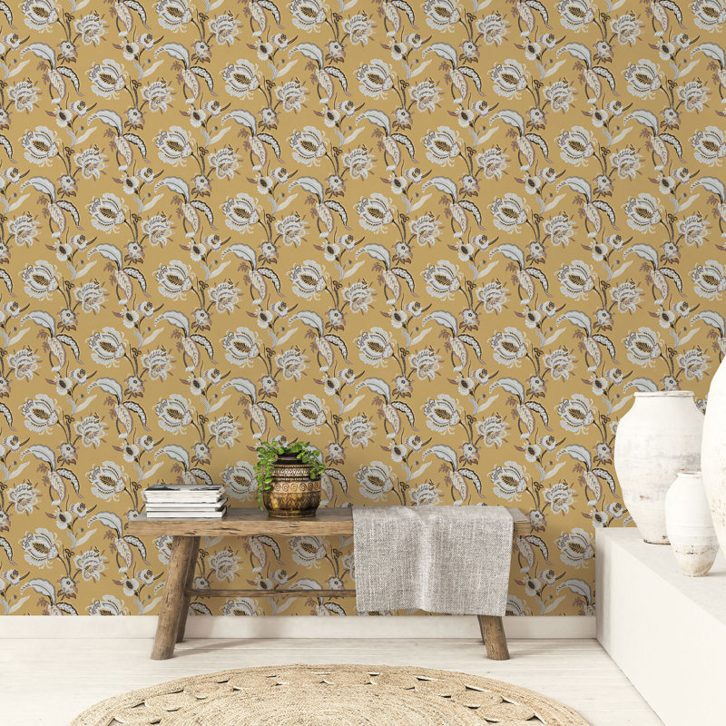 Into The Wild Collection Metallic Abstract Floral 33' L x 21" W Wallpaper Roll, Yellow