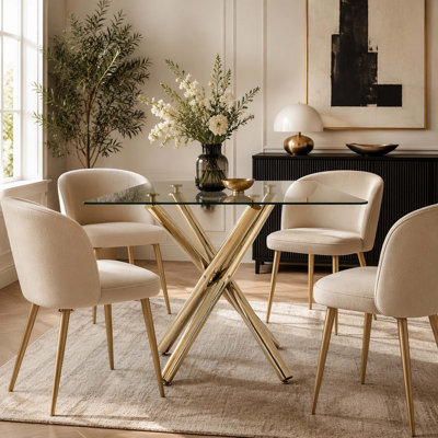 Modern Gold Bar Table with Tempered Glass Top, Sturdy Cross Metal Legs Pub Table for Home Bar, Kitchen Island, Living Room