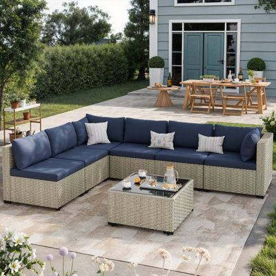 7 Pieces  Design-Oriented Rattan Patio Conversation Sets With Cushions