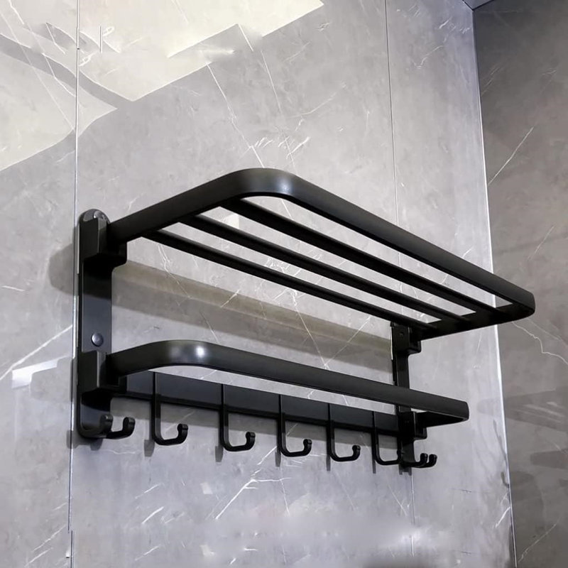 Porte-serviettes mural avec tablette - Porte-serviettes double sans perçage pour douche de salle de bain - Conception pliable avec capacité de charge élevée - Options de fixation adhésive ou à vis