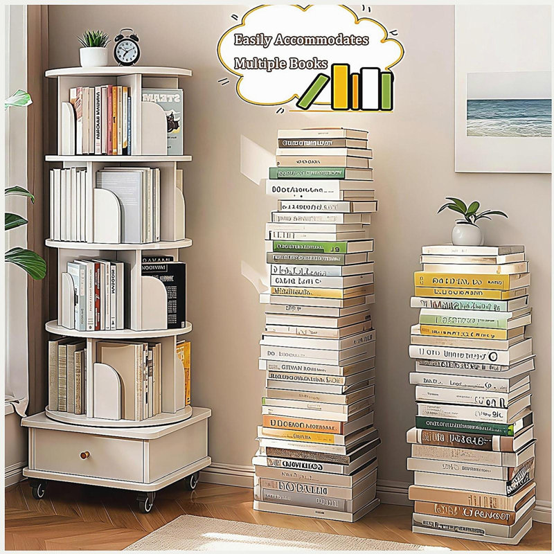 5 Tier Rotating Bookshelf, 360° Display Spinning Bookshelf with Wheels, Rotating Bookshelf Tower, White