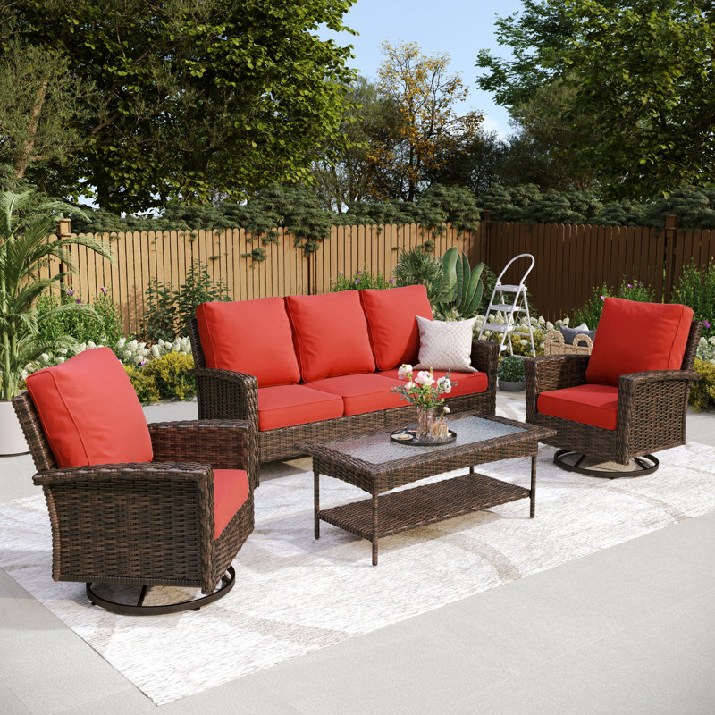 Nadilee Premium All-Weather Wicker - Person Patio Conversation Set with Cushions, No, Red