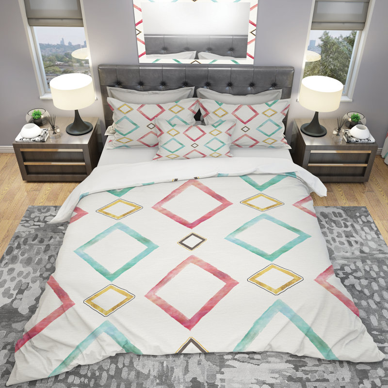Ensemble de housse de couette géométrique gilded diamants, Housse de couette double / grand et 2 taies