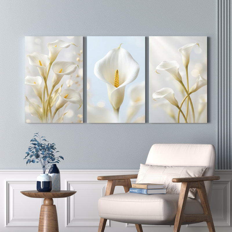 Ensemble de 3 tableaux muraux sur toile tendue, motif floral de callas blanches, pour salon, chambre et décoration intérieure.