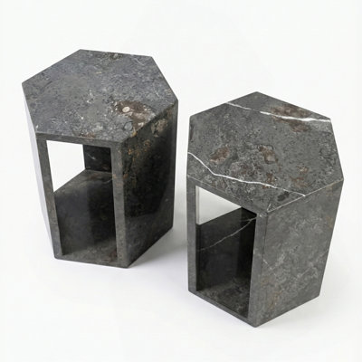 Modern Dark Grey Natural Marble Side Table,Hexagonal Geometric Pedestal Stand,15.7" H Polished Real Stone End Table for Living Room & Bedroom Nightstand,Art Display - Architectural "Solid & Void"