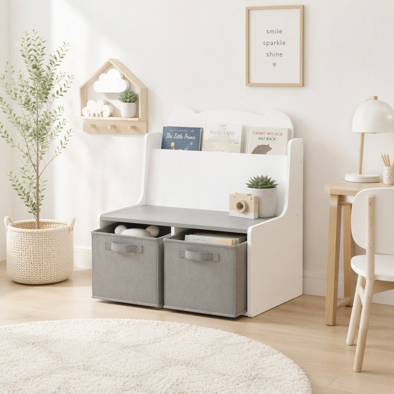 Bibliothèque pour enfants avec bacs de rangement, bibliothèque en bois avec étagère à livres et 2 bacs en tissu, blanche et grise