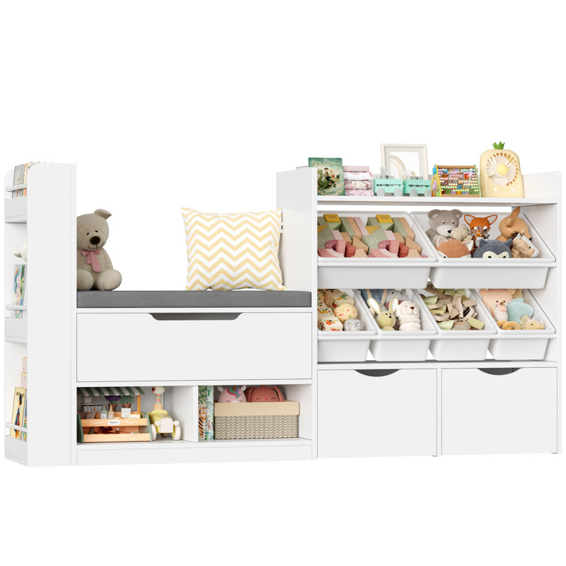 Kids Bibliothèque l 63 po H 35,4 po avec coin de lecture confortable, bacs de rangement pour jouets et tiroirs à roulettes - une bibliothèque pour tout-petits qui organise, affiche et inspire l'heure du conte quotidien