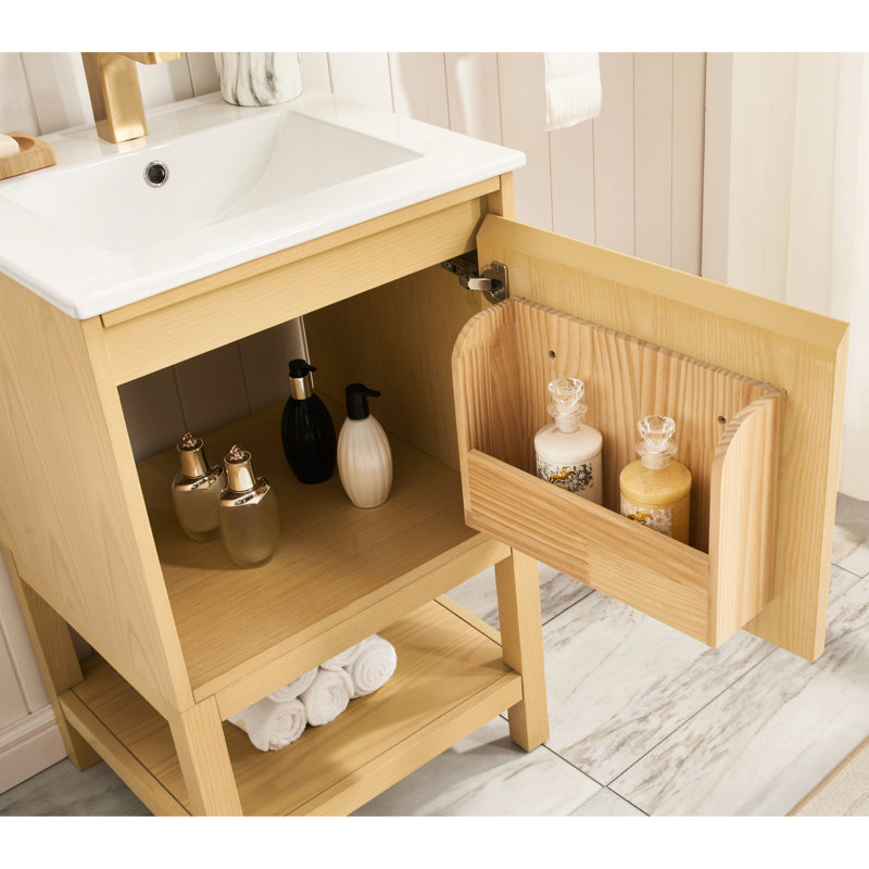 Meuble-lavabo pré-assemblé en bois de frêne de 20 po, tablette réglable, lavabo facile à nettoyer, pieds d'armoire amovibles, petits espaces de salle de bain blancs et compacts