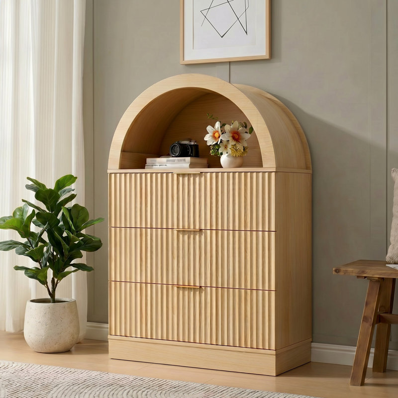 Commode cannelée à 3 tiroirs de 23,5 po avec dessus arqué et poignée en métal