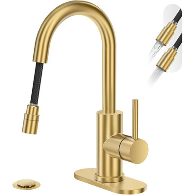 Robinet de salle de bain rétractable High Arc, poignée simple en or brossé avec douchette extractible et bonde escamotable, robinet d'évier de buanderie de bar pour véhicule récréatif à 1 ou 3 trous 2 modèles avec plaque de pont