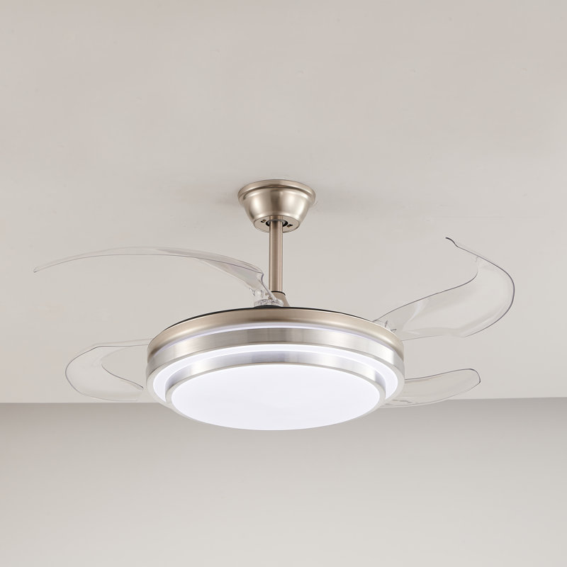 Ventilateur de plafond rétractable moderne de 42 pouces avec lumière DEL, finition nickel brossé, moteur à courant continu réversible et télécommande