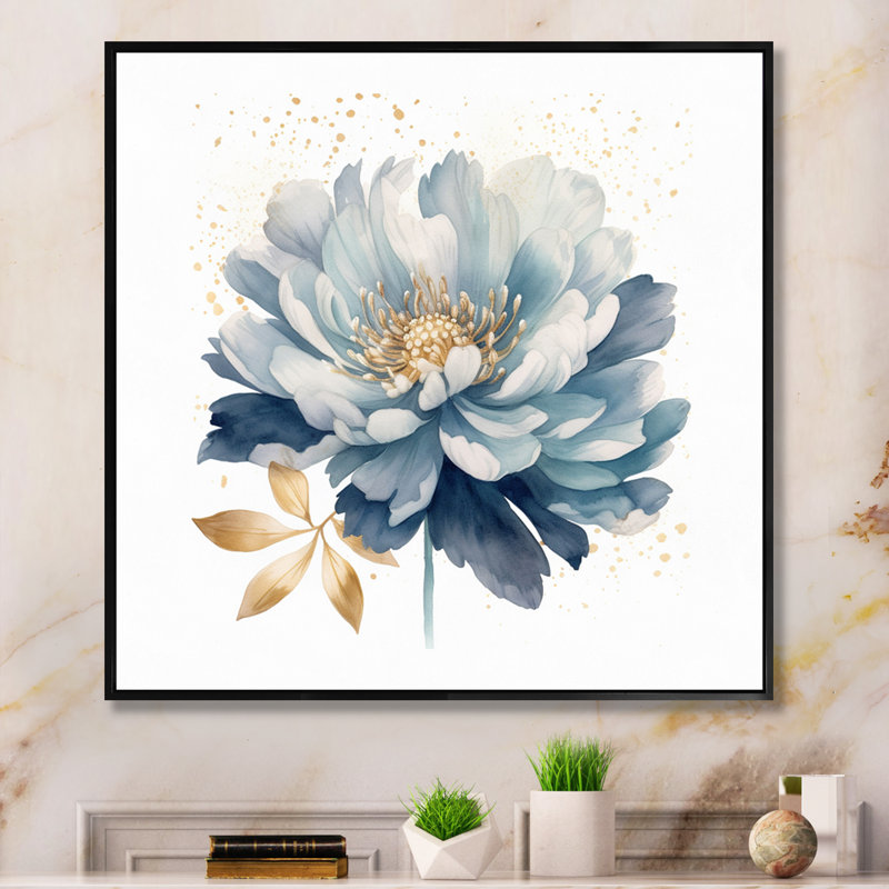 «Blooming Blue White Chrysanthemum Retro Flowers» sur impression sur toile, H 24 po x l 24 po x P 1 po, Cadre flottant noir