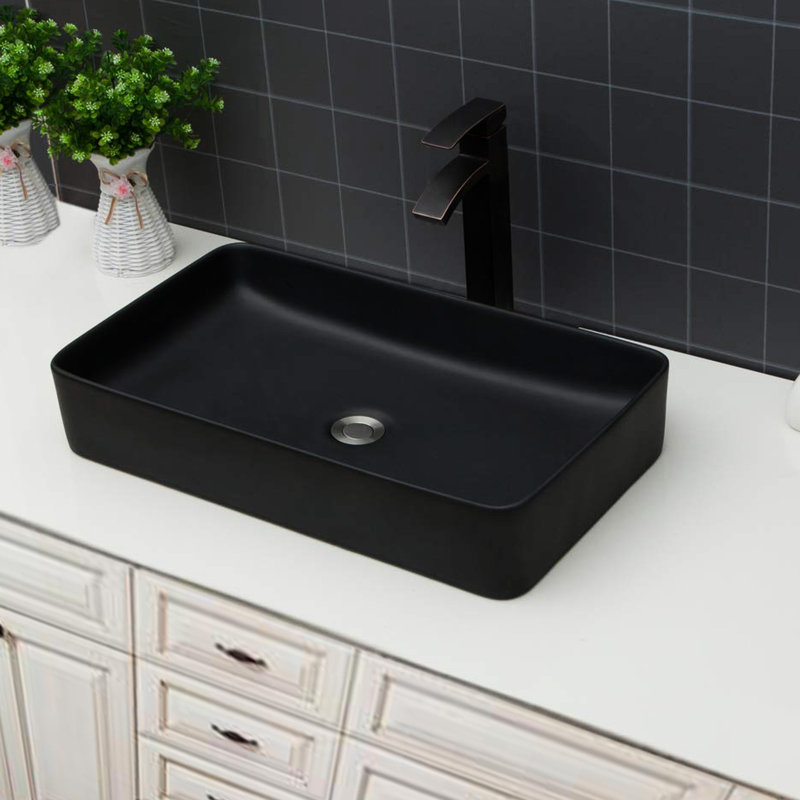 Lavabo vasque rectangulaire en céramique noire de 24 po x 13,5 po pour salle de bain, conception classique en arc, conception acide et à faible entretien avec arc, absorption des taches