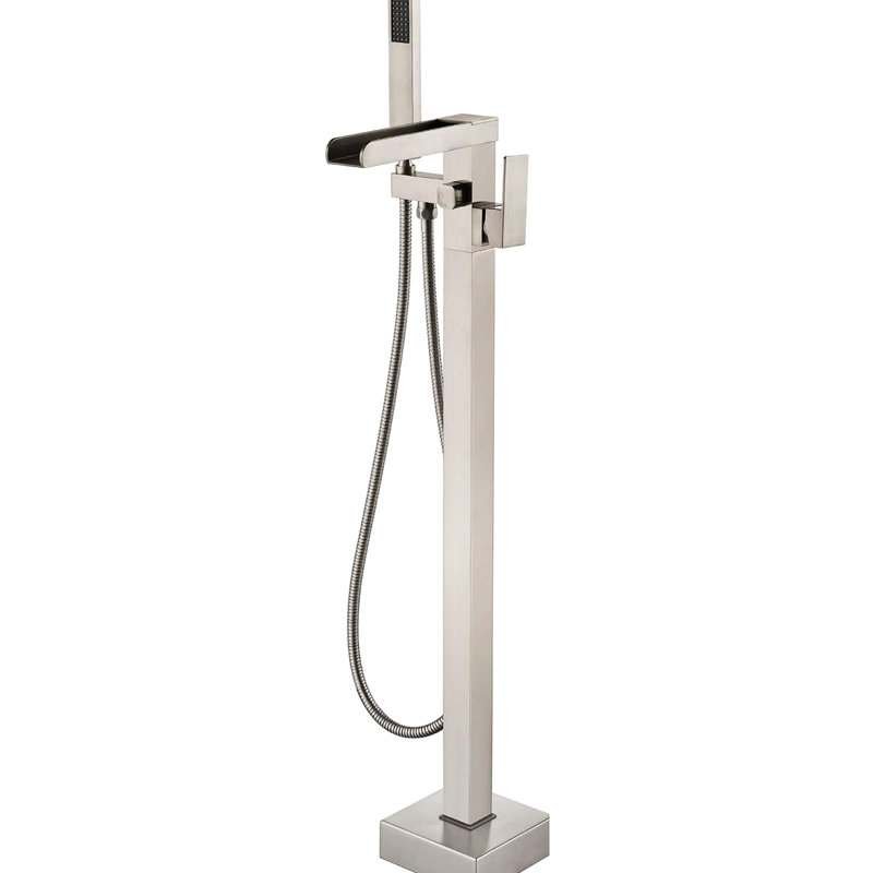 Bathroom Waterfall Tub Filler With Hand Shower In Brushed Nickel - Floor Mount Faucet, Construction Freestanding Modern, Faucet Stainless Steel Hose