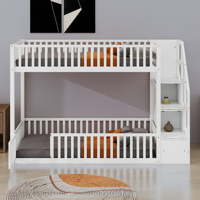 Lit superposé au sol avec rangement pour escalier, Blanc