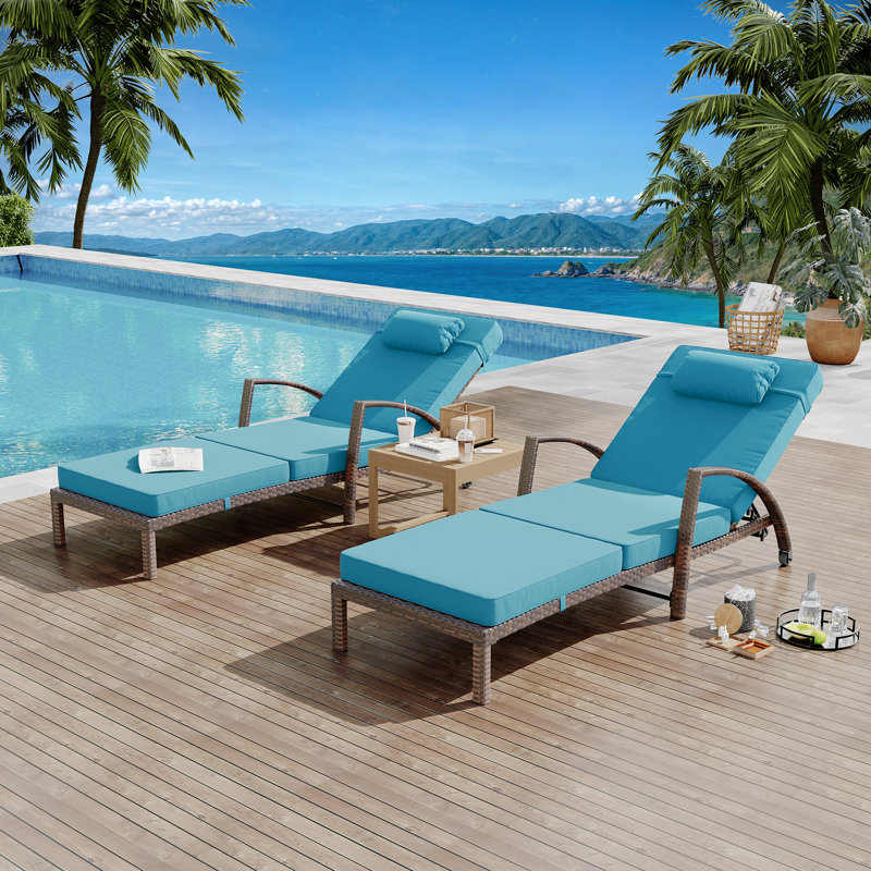 Set of 2 Outdoor Patio Chaise Lounges,5-Position Adjustable Folding Rattan Recliners with Cushions & Pillows, Comfortable Weather-Resistant Sun Loungers for Poolside, Deck, Backyard,Peacock Blue