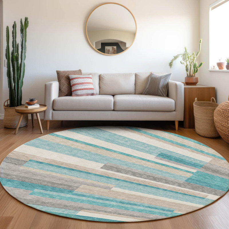 Malchow Washable Striped Indoor / Outdoor Rug, Round 8'
