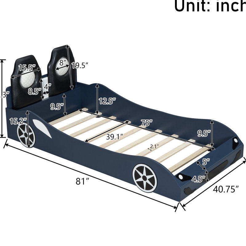 Lit plateforme en bois avec attrait de voiture de course et DEL, bleu - Repose-pieds confortable en forme de voiture, Bleu