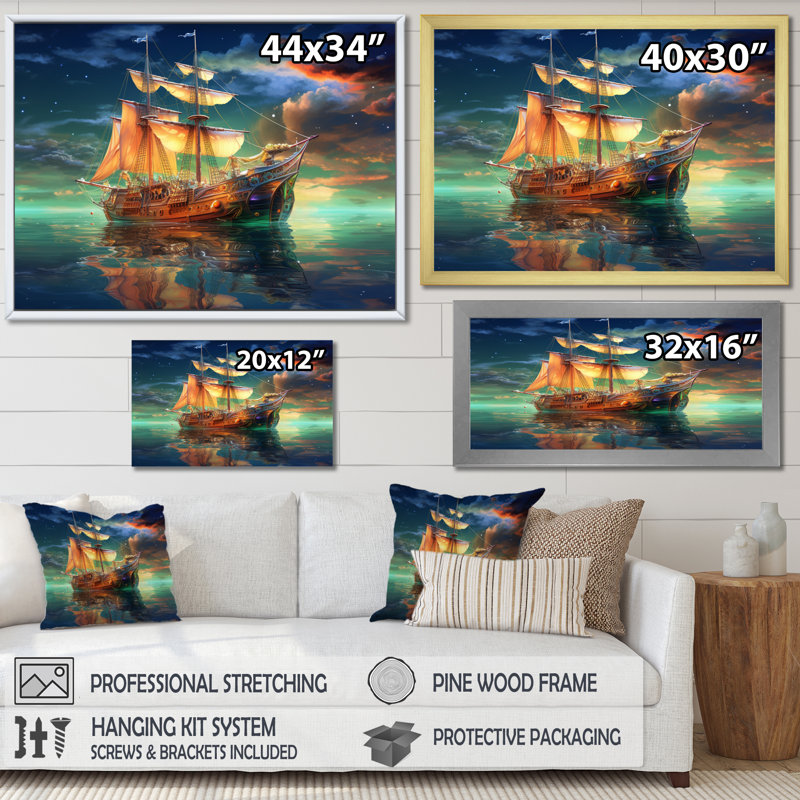 «Boat Magical Waters II», reproduction d'art sur toile, 34" H x 44" W, Cadre flottant noir