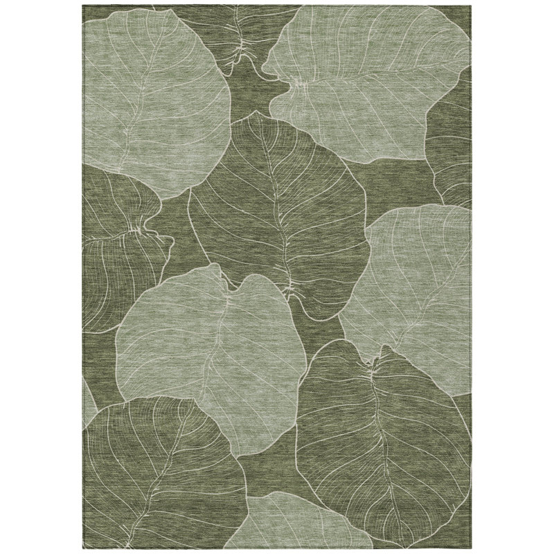 Machine Washable Indoor/Outdoor Chantille ACN2506 Floral Rug, Olive, Rectangle 5' x 7'6"