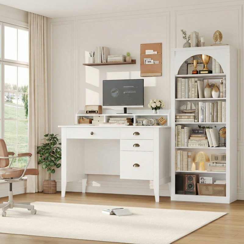 2 - Piece Office Set, Complete Home Office Suite, Computer Desk & 6-shelf Bookcase, Cable Management
