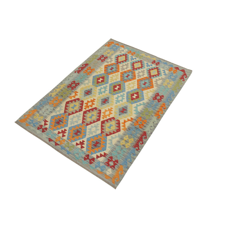 Tapis beige en laine à motif géométrique rectangulaire fait à la main de 5 pi 1 po x 6 pi 7 po Keltie