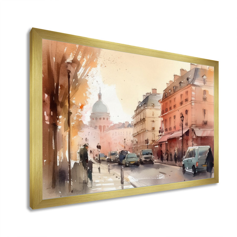 Aquarelle de Paris, France III - impression, H 24 po x l 32 po x P 1 po, Cadre doré à une seule photo
