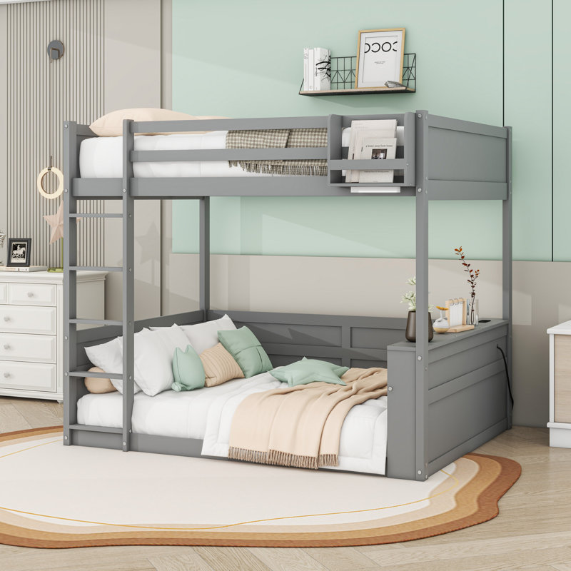 Queen Over Queen Wooden Bunk Bed With Built-In Shelves And LED Light, Gray