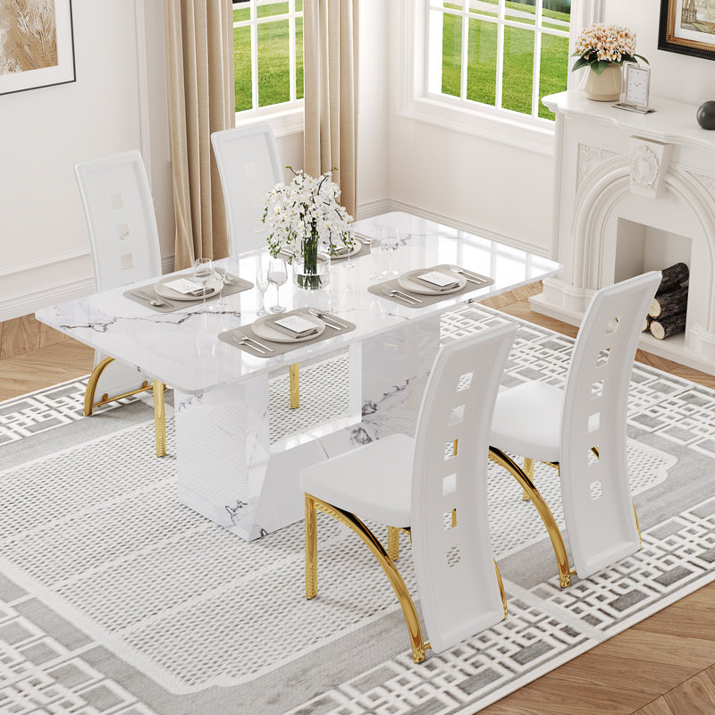 Ensemble de table de salle à manger rectangulaire en faux marbre de 63 po pour 4 à 6 personnes avec chaises en similicuir et base en forme de O