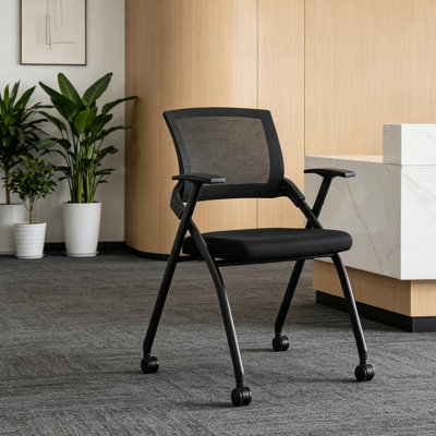 Ergonomic Folding Stackable Reception Chair with Swivel Casters, Padded Office Guest Seat with Breathable Mesh Back, Triangular Frame for Conference, Training, Waiting Room, Black
