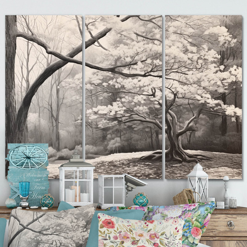 Cornouiller blanc et gris en hiver sur toile, 3 pièces, H 32 po x l 48 po x P 1 po