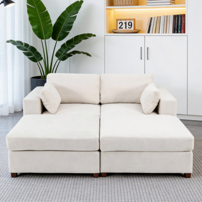 2- Piece Upholstered Corner Loveseat Sofa Couch With 2 Ottomans