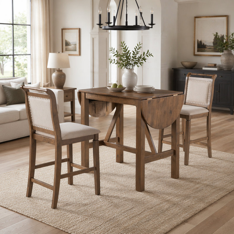 Ensemble de table de salle à manger à hauteur de comptoir en bois 3 pièces avec 2 chaises rembourrées pour petit espace, brun