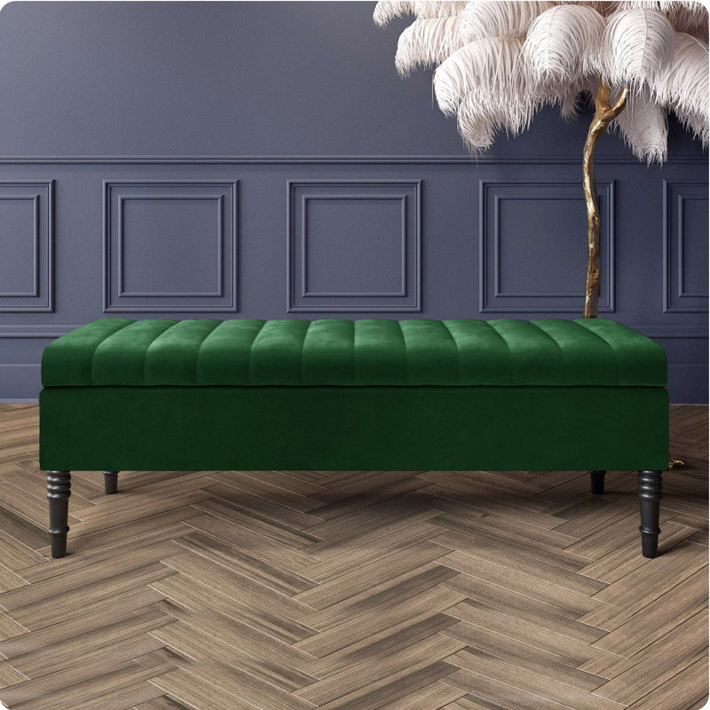 Safar Striped Ottoman Storage Bench – Upholstery Plush Velvet Shoe Bench with Black Turned Wooden Legs, Forest Green