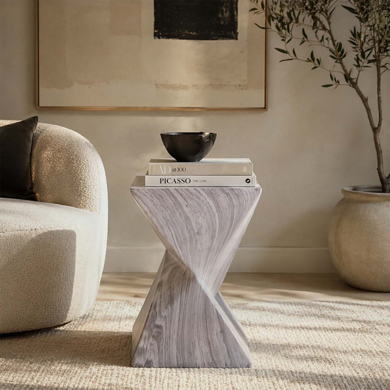 Table d'appoint d'extérieur moderne avec motif cannelé sculptural, minimaliste pour le jardin, Gris, marbre