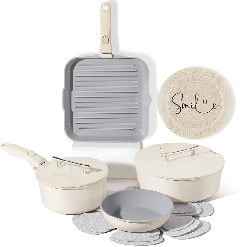 Cream Aluminum Non-Stick 12-Piece Cookware Set with Detachable Handle