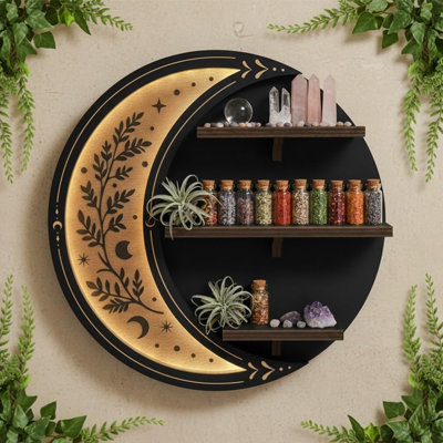 Étagère murale sans fil avec lumière DEL | Décor lune en bois pour une chambre esthétique