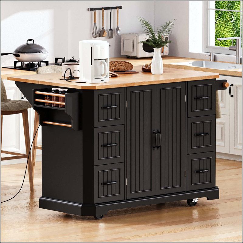 Îlot de cuisine 56 po avec bord biseauté, bande verticale et 6 tiroirs, Black