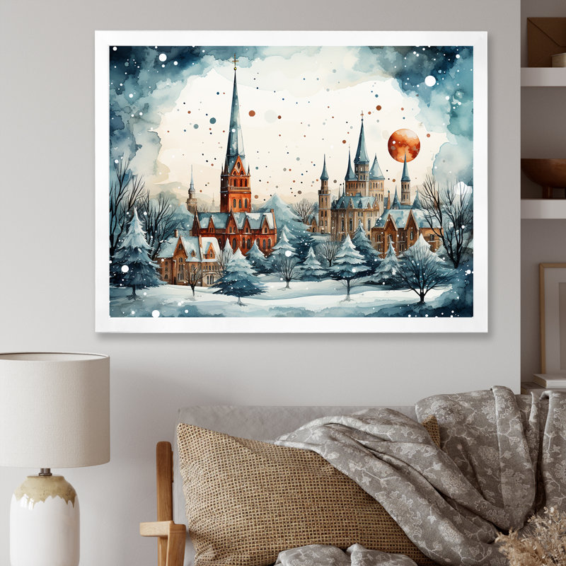 «Christmas Village In Winter II - Winter Landscape», art mural, Cadre de coin blanc fermé, H 34 po x l 44 po x P 1,5 po