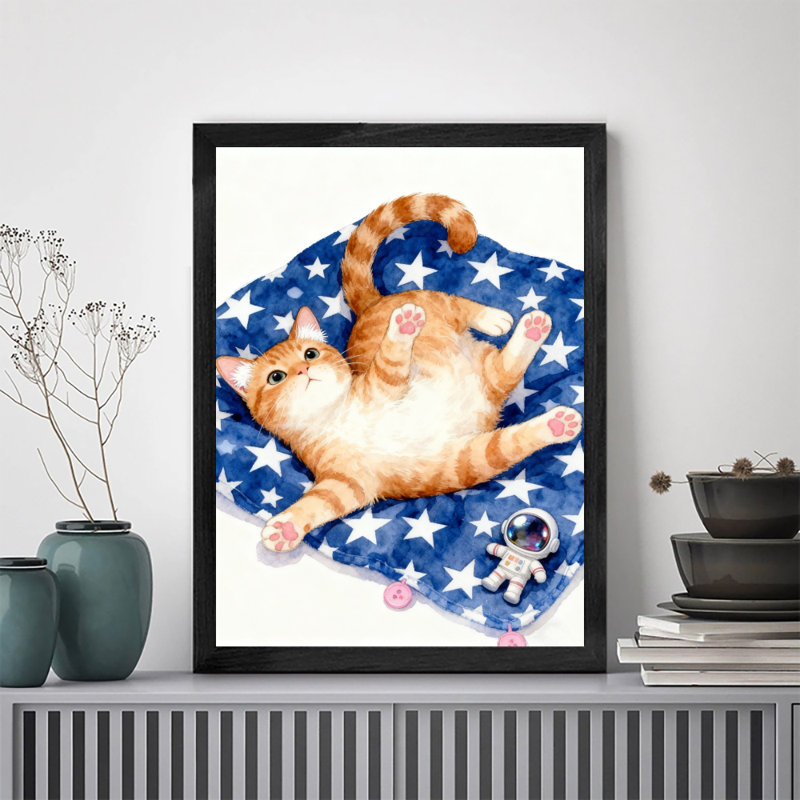 Art encadré noir, le chat mignon allongé sur la couverture de pique-nique, reproductions d'art encadrées de style rétro
